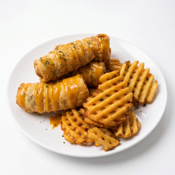 Golden fried rolls drizzled with orange sauce and seasoned waffle fries on a white plate.
