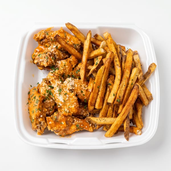 Takeout container with saucy chicken wings topped with Parmesan and seasoned french fries.