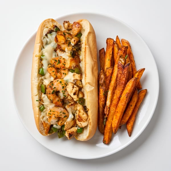 Shrimp and chicken cheesesteak sandwich with melted cheese, green peppers, and a side of sweet potato fries.