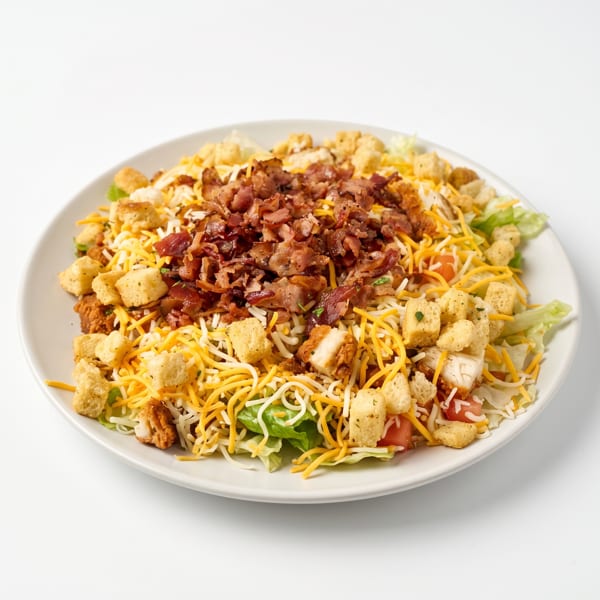 Hearty salad with lettuce, shredded cheese, crispy bacon, croutons, and fried chicken on a white plate.