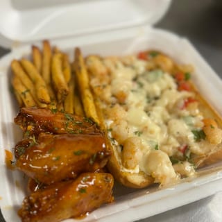 Shrimp Philly, 6 Wing Combo & Fries